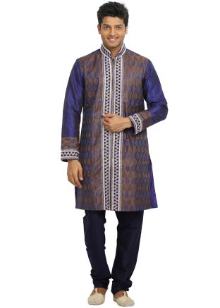 Blue and Brown Embroidered Kurta Churidar Set