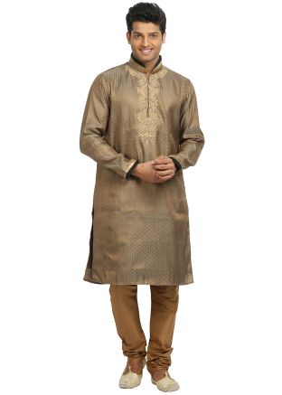 Beige Woven Readymade Kurta With Churidar