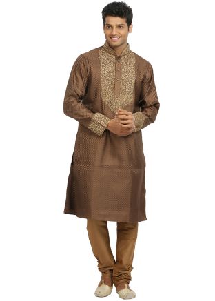Brown Readymade Embroidered Kurta With Churidar