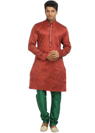 Red Thread Work Stripes Kurta With Churidar