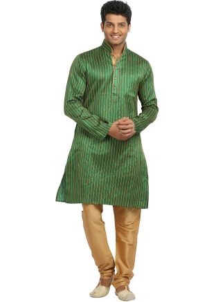 Green Readymade Thread Work Stripes Kurta Churidar Set