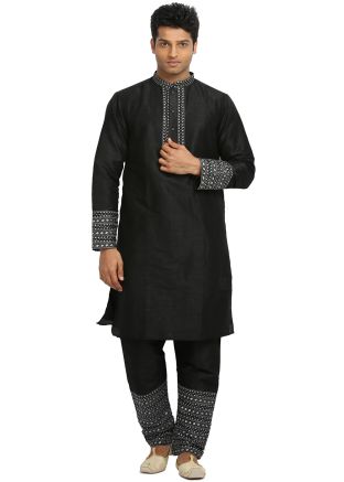 Black Art Silk Readymade Kurta Pajama Set