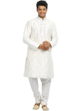 White Readymade Embroidered Kurta Churidar Set