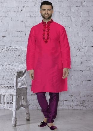 Readymade Pink Dupion Silk Kurta With Churidar