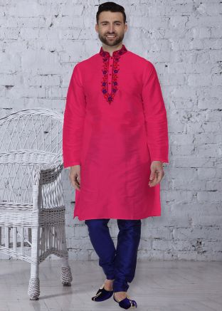 Pink Dupion Silk Readymade Kurta Churidar Set