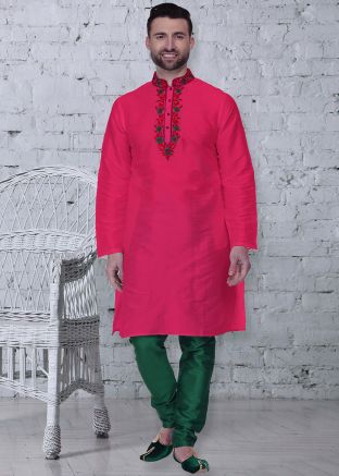 Pink Readymade Dupion Silk Kurta With Churidar