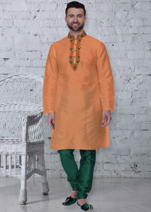 Orange Dupion Silk Readymade Kurta Churidar Set