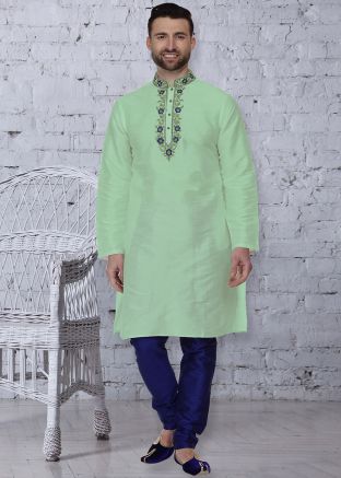 Green Embroidered Dupion Silk Kurta With Churidar