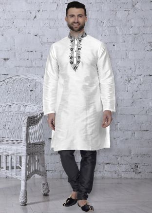 White Readymade Embroidered Kurta Churidar Set