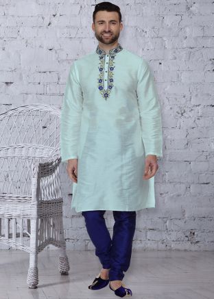 Blue Dupion Silk Readymade Kurta Churidar Set