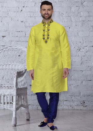 Yellow Embroidered Readymade Kurta With Churidar