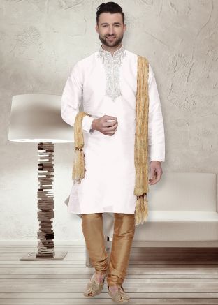 White Readymade Embroidered Kurta Churidar Set