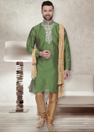 Green Embroidered Readymade Kurta Churidar Set