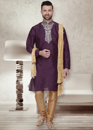 Purple Readymade Embroidered Kurta With Churidar