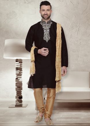 Black Embroidered Dupion Silk Kurta Churidar Set