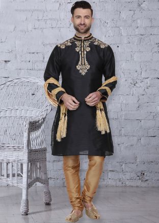 Readymade Black Embroidered Kurta Churidar Set