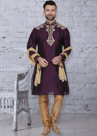 Purple Readymade Embroidered Kurta With Churidar