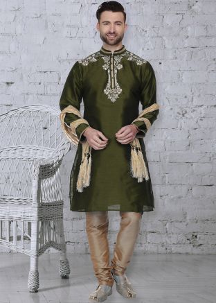Green Embroidered Dupion Silk Kurta With Churidar