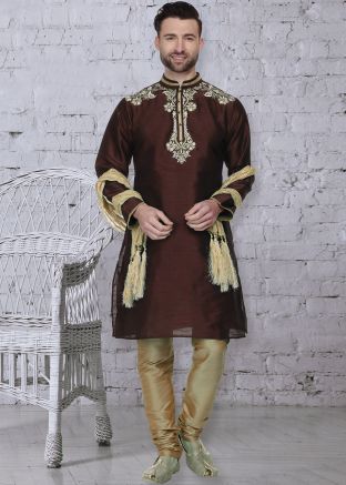 Brown Readymade Embroidered Kurta Churidar Set