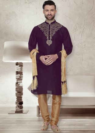 Purple Dupion Silk Embroidered Kurta With Churidar