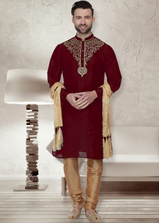 Maroon Embroidered Readymade Kurta Churidar Set