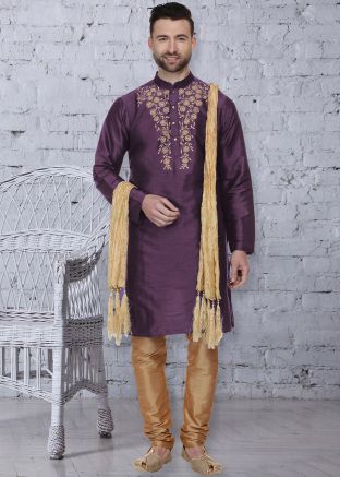 Purple Readymade Embroidered Kurta With Churidar