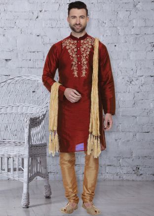 Red Embroidered Readymade Kurta With Churidar