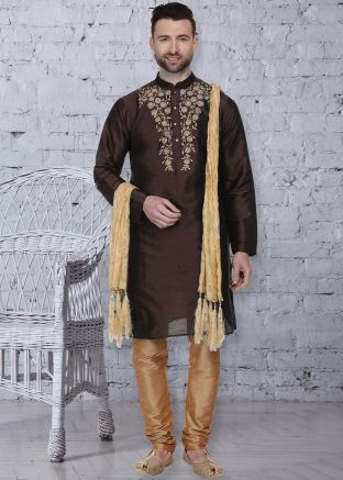 Brown Embroidered Readymade Kurta Churidar Set
