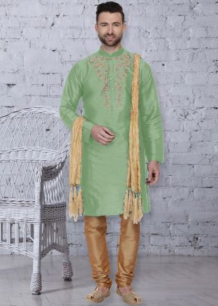 Readymade Green Embroidered Kurta With Churidar