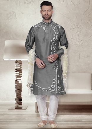 Grey Readymade Embroidered Kurta With Churidar