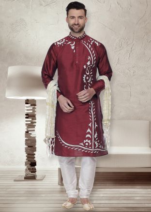 Maroon Embroidered Dupion Silk Kurta Churidar Set