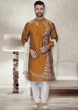 Readymade Yellow Embroidered Kurta With Churidar