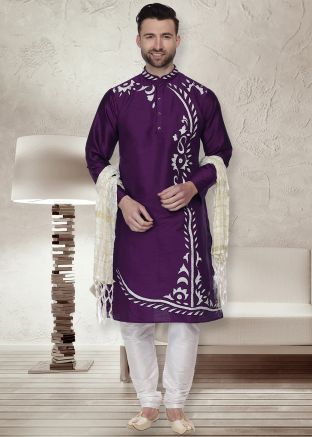 Purple Embroidered Readymade Kurta Churidar Set