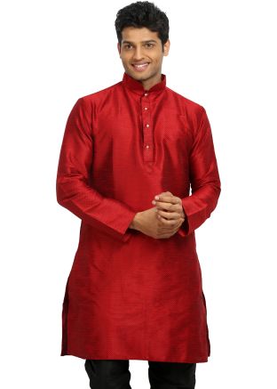 Red Art Silk Readymade Straight Cut Kurta