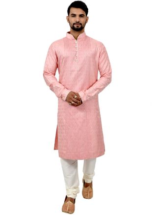 Peach Woven Brocade Readymade Kurta Churidar Set