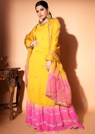 Readymade Yellow Gota Patti Sharara Suit In Georgette