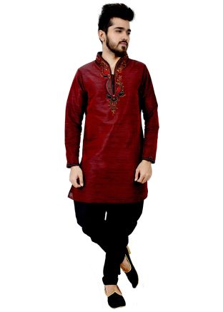 Maroon Art Silk Embroidered Kurta With Churidar