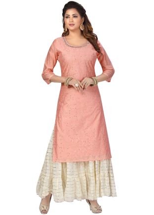 Thread Embroidered Peach Kurta With Sharara