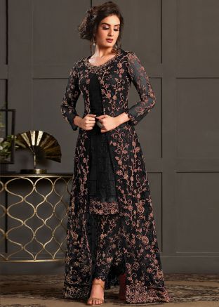 Black Sequinned Slit Style Suit With Net Dupatta
