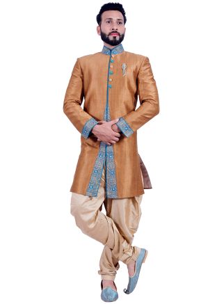 Golden Readymade Art Silk Sherwani With Dhoti