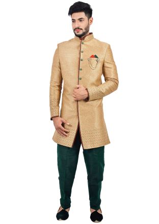Readymade Golden Art Silk Sherwani With Pant