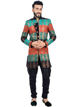 Multicolor Brocade Woven Sherwani With Breeches