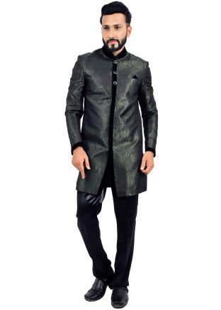 Green and Black Woven Brocade Sherwani Churidar Set