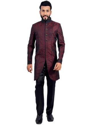 Maroon Asymmetric Woven Sherwani With Churidar