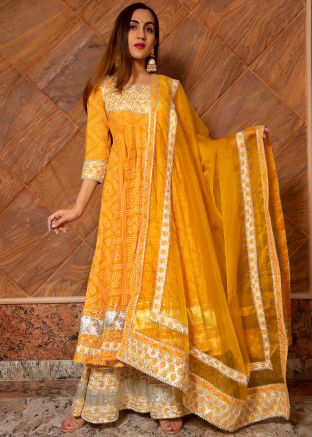 Yellow Readymade Bandhej Printed Anarkali Palazzo Suit