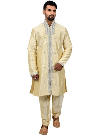 Cream Readymade Embroidered Slit Style Sherwani Churidar Set