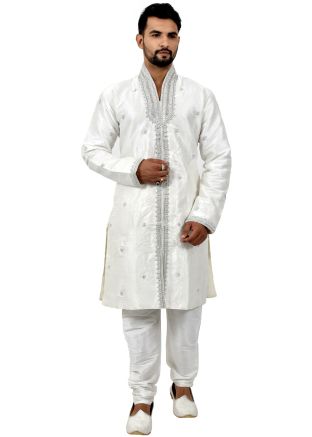 White Readymade Embroidered Slit Style Sherwani Churidar Set