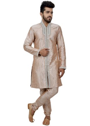 Beige Embroidered Readymade Slit Style Sherwani Churidar Set