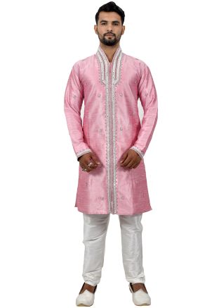 Readymade Pink Embroidered Slit Style Sherwani Churidar Set