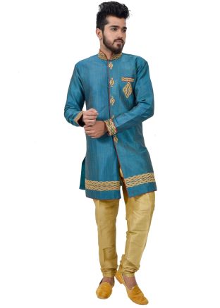 Blue Patch Work Readymade Sherwani With Churidar